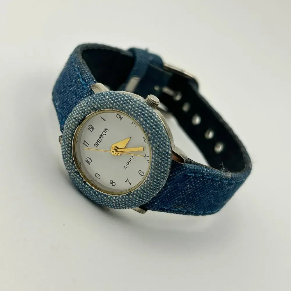 Shiffon Blue Denim Fabric Band and Case Cover Women’s Quartz Watch New Battery